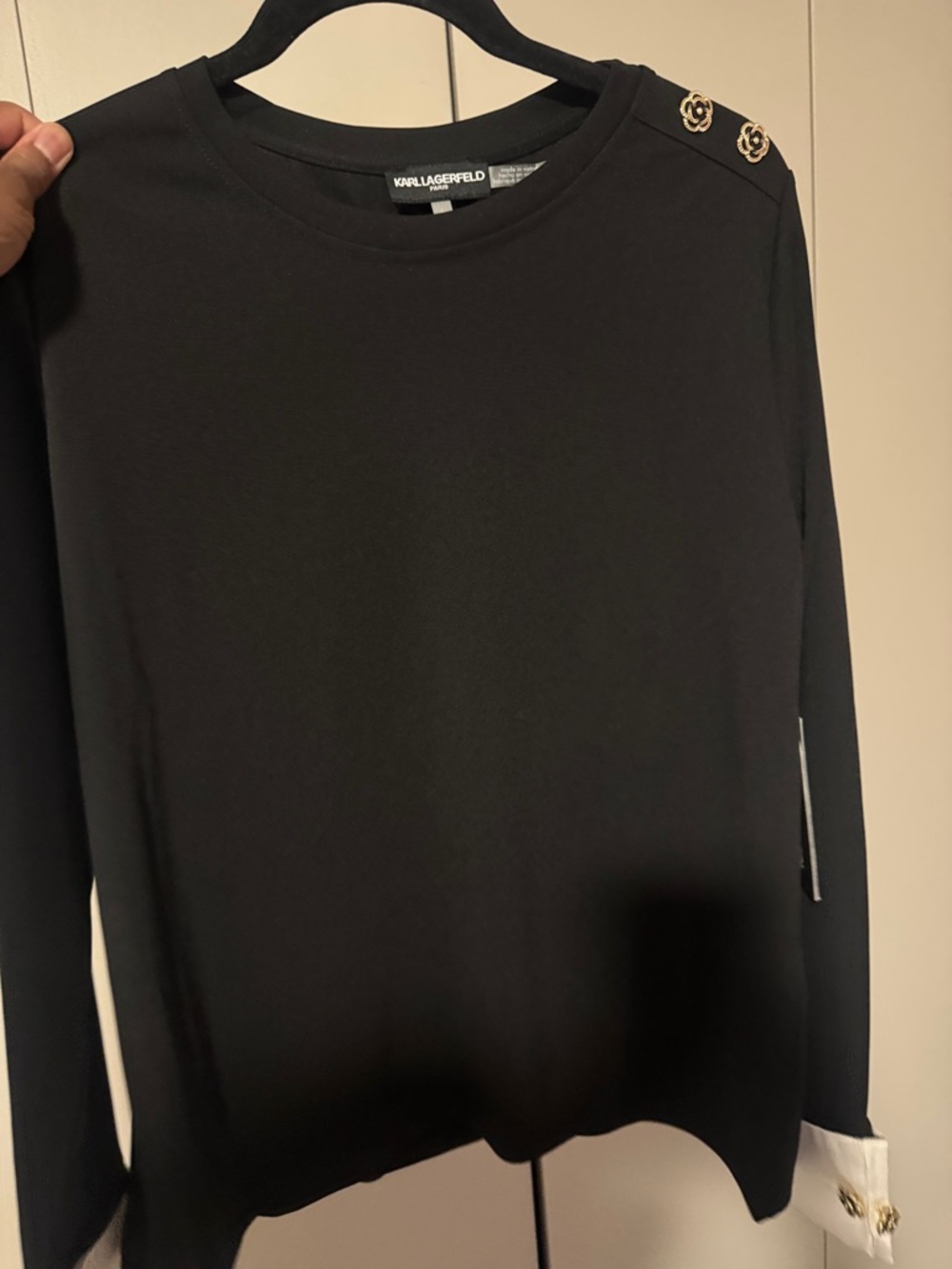 Karl Lagerfeld Black Crewneck Top with Gold Emblem Buttons sz L - NWT